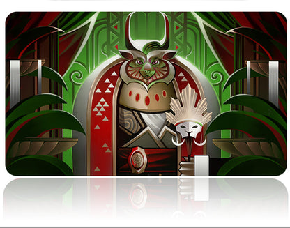Decorative mouse pad with fantasy-themed design featuring a warrior and creature, on a white background.