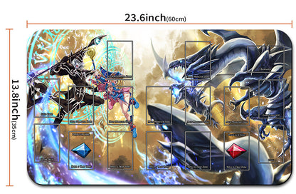 Card game mat with dragon illustrations and dimensions displayed
