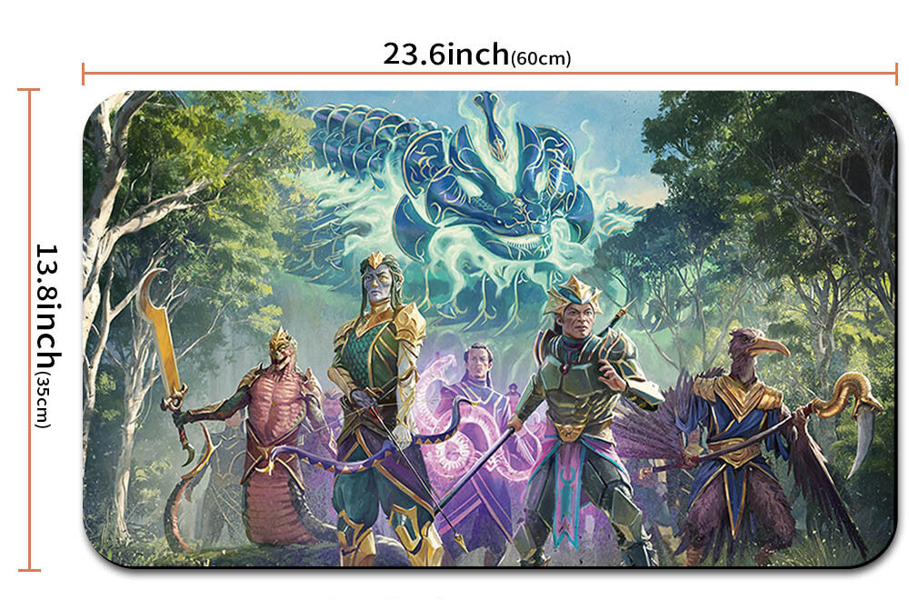 Fantasy-themed product with characters and dragon, shown with dimensions and a strap.