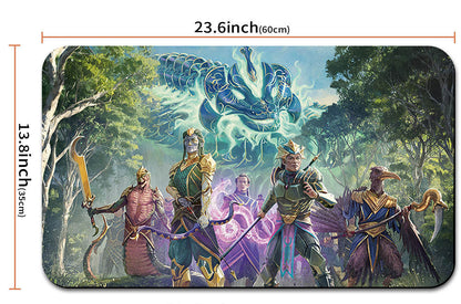 Fantasy-themed product with characters and dragon, shown with dimensions and a strap.