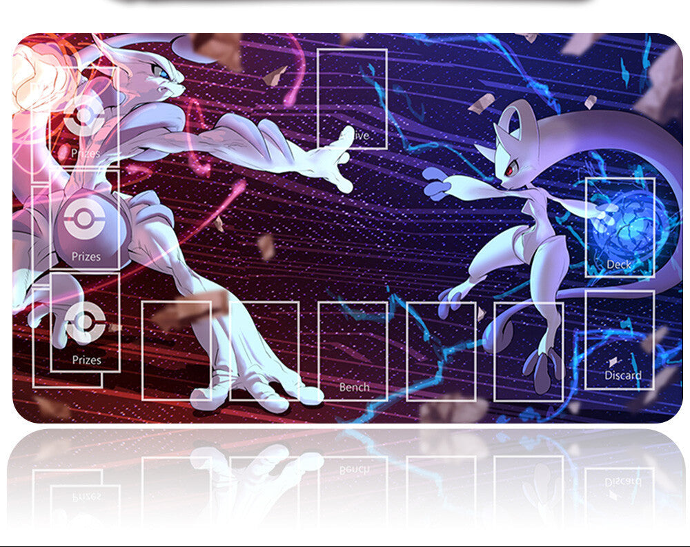 Pokémon-themed gaming mat with character design and game interface elements on a reflective surface.