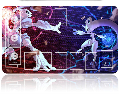 Pokémon-themed gaming mat with character design and game interface elements on a reflective surface.