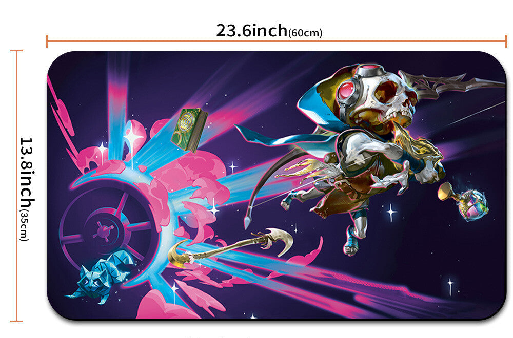 Colorful gaming mouse pad with measurements and a carrying bag on a white background