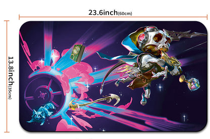 Colorful gaming mouse pad with measurements and a carrying bag on a white background