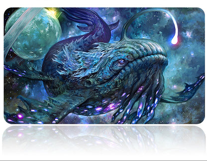 Futuristic weapon with a space-themed design on a mouse pad featuring a dragon-like creature.