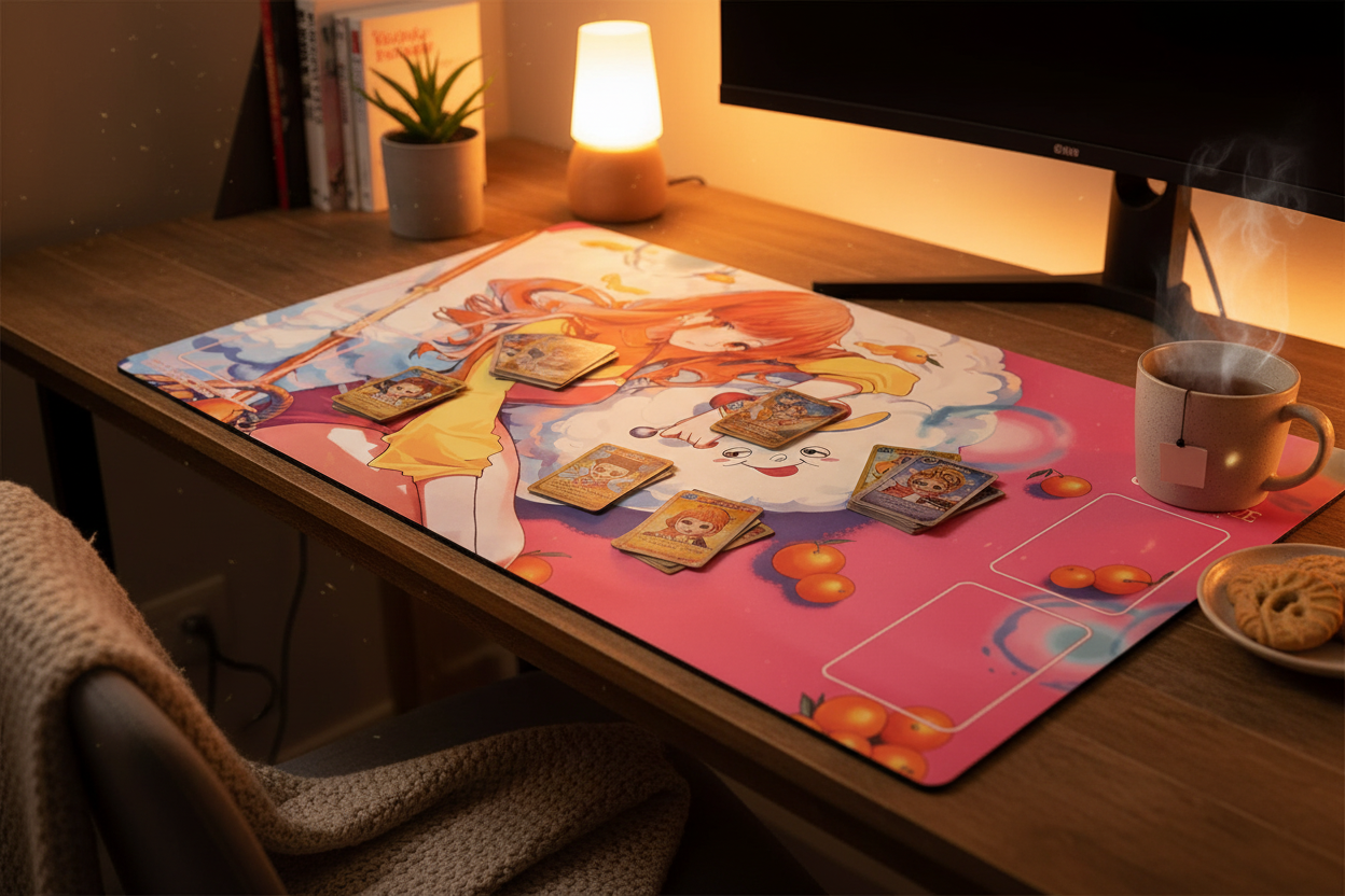 Board game on a colorful playmat with a mug and snacks on a desk.