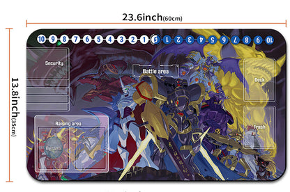 Card game mat with character design and measurements, including a drawstring bag.