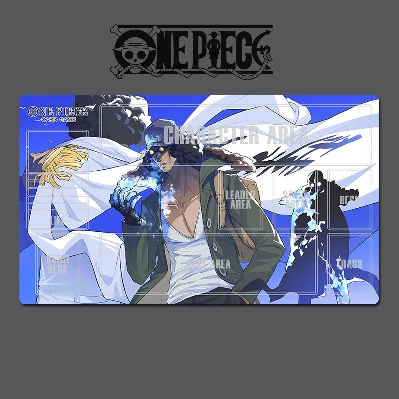 A One Piece themed gaming playmat featuring characters Ace and Zoro from the Blue Edding War, displayed on a dark gray background with the One Piece logo above it.