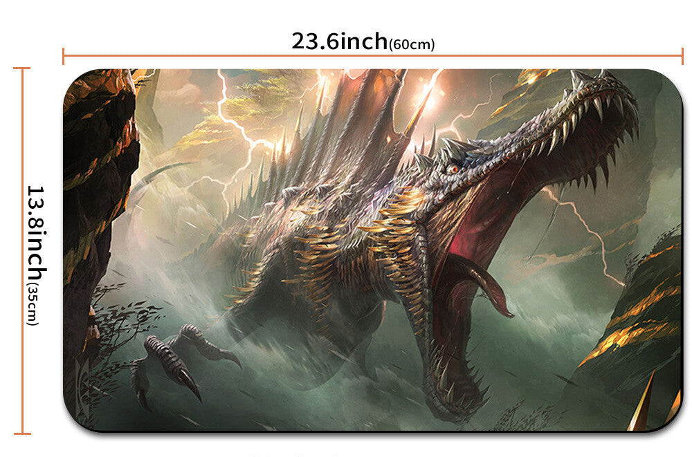 Dragon-themed mouse pad with dimensions and a carrying bag shown below.