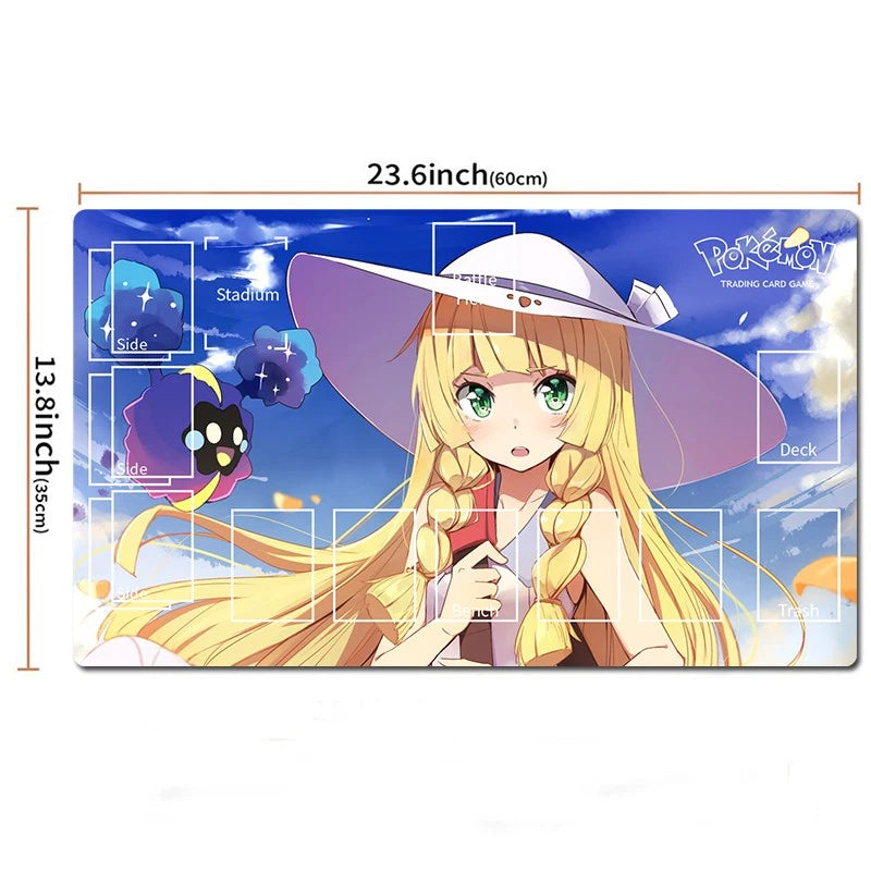 A rectangular Pokémon trading card game playmat with an anime illustration of a blonde girl in a wide-brimmed hat and a small Pokémon character on the left. The playmat includes printed game area markers and dimension labels showing 23.