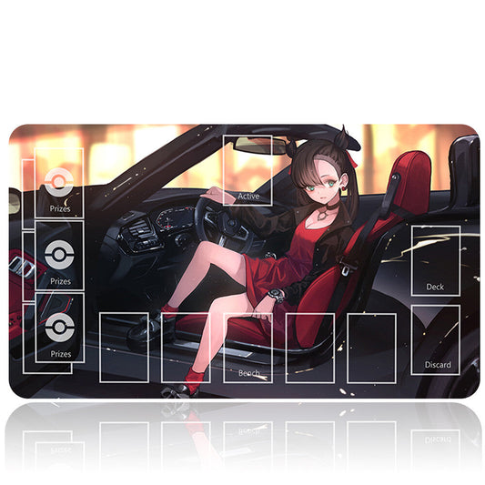 Card game mat with anime character in a car, surrounded by game interface elements.