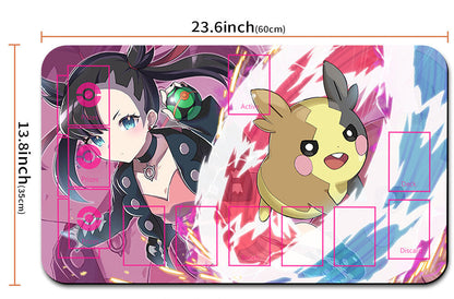 Mouse pad with anime character and Pichu on a colorful background, with measurements indicated.
