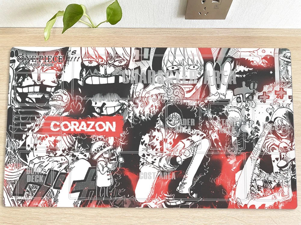 Comic-themed mouse pad with character illustrations and 'Corazon' branding on a wooden surface.