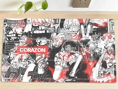 Comic-themed mouse pad with character illustrations and 'Corazon' branding on a wooden surface.