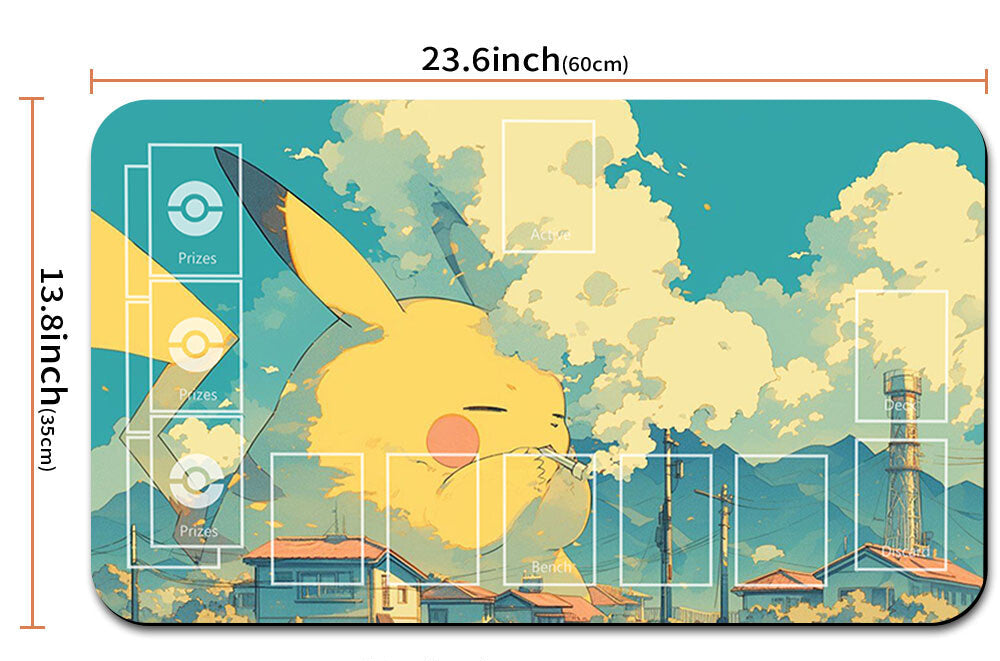 Large mouse pad with Pikachu design and measurements, featuring a carrying strap.