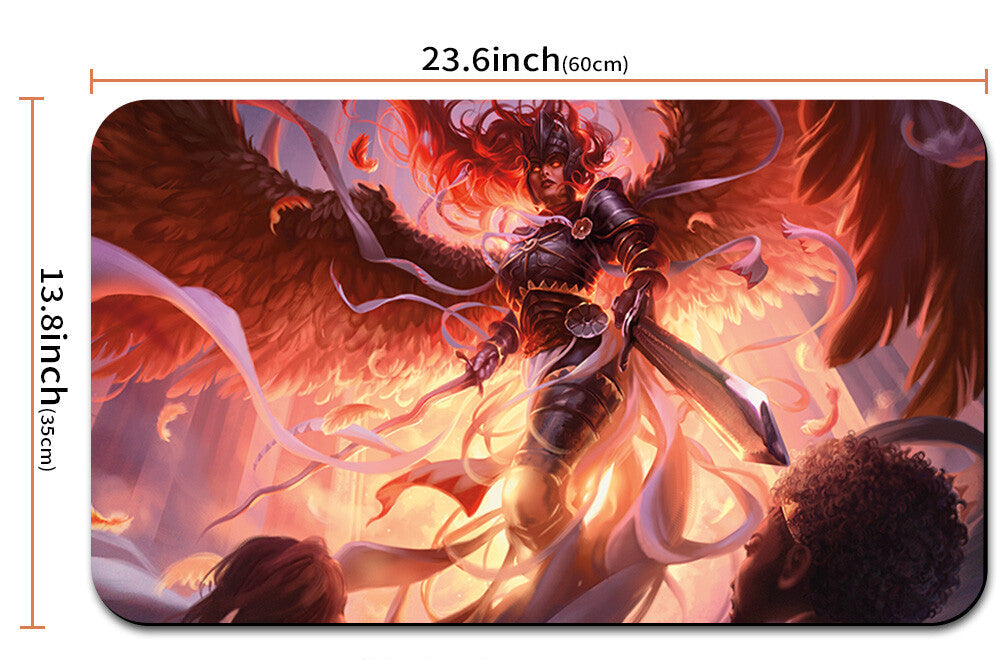 Mouse pad with warrior and dragon design, dimensions indicated