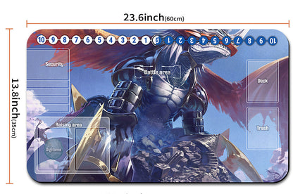 Card game mat with dragon design and measurements, including a drawstring bag.