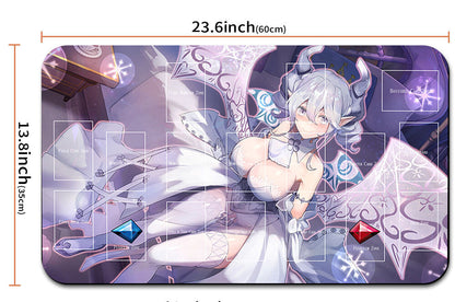 Anime character mouse pad with dimensions and strap shown