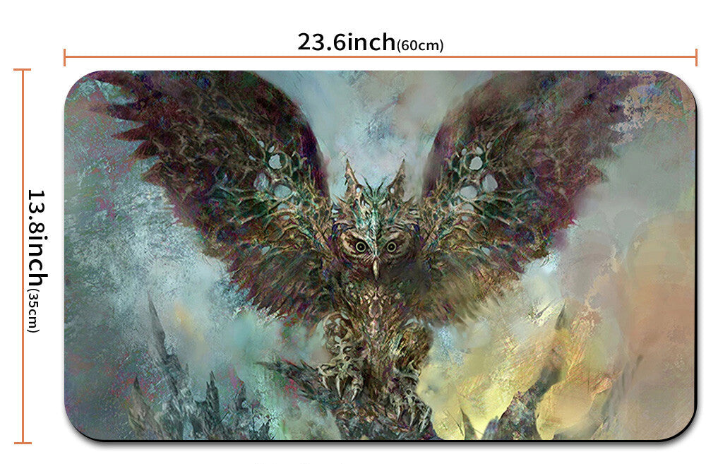 Mouse pad with a fantasy owl design and measurements, including a drawstring bag.