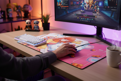 Person playing a video game on a computer setup with a colorful mouse pad.