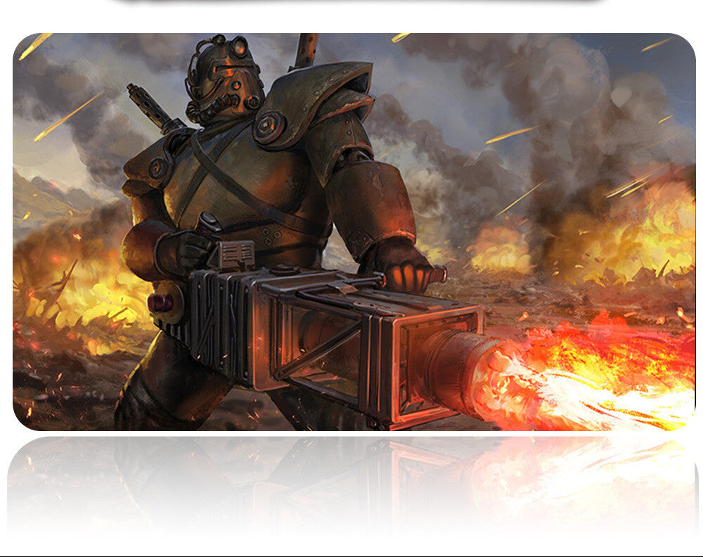Character in futuristic armor with a weapon amidst a fiery battle scene