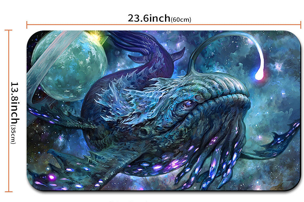 Illustrated dragon design mouse pad with measurements and a carrying strap.