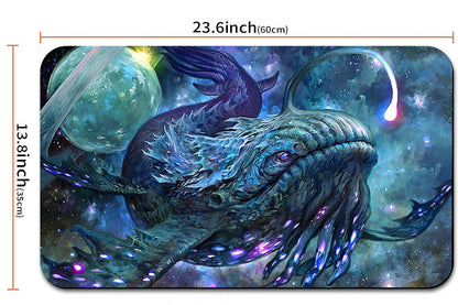 Illustrated dragon design mouse pad with measurements and a carrying strap.