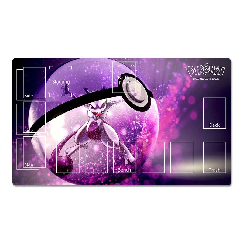 A rectangular Pokémon trading card playmat with a purple and pink Mew design, featuring printed card slot labels such as Side, Bench, Deck, and Trash on a white background.