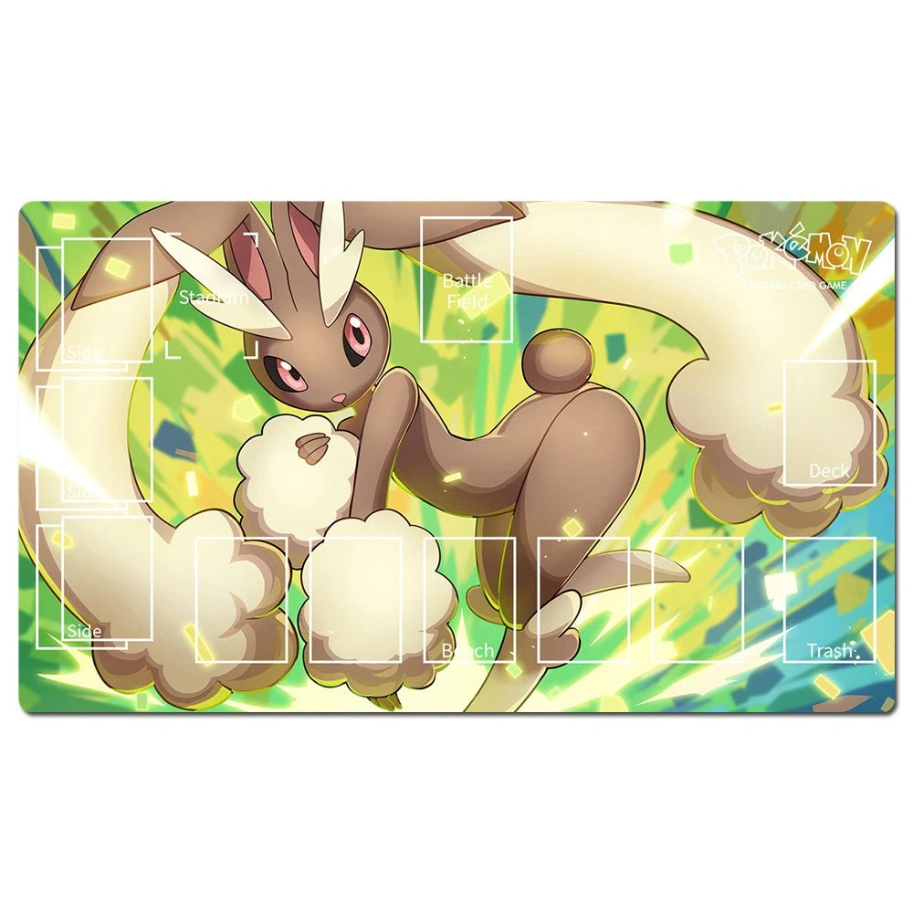 A rectangular Pokémon playmat featuring a dynamic illustration of a brown and cream rabbit-like Pokémon on a bright green and yellow background, with white card-position labels and the Pokémon logo in the top right.