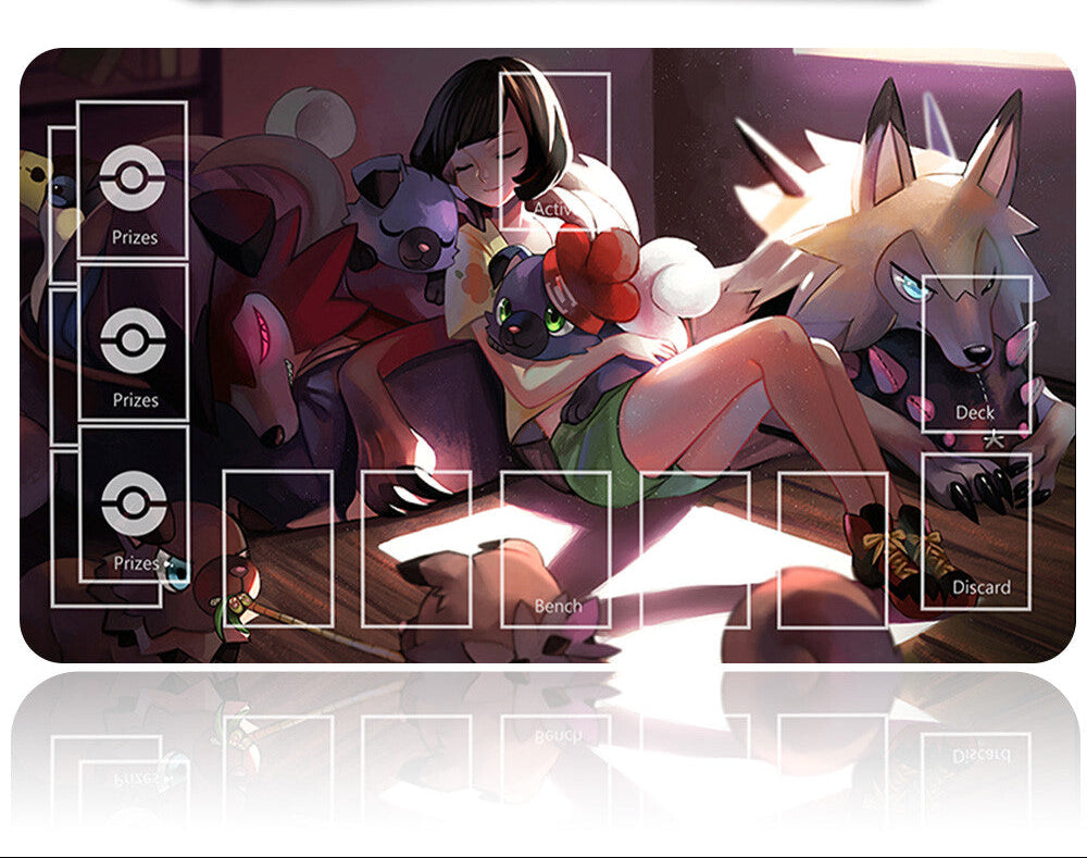 Card game mat with animated characters and a pen on a white background