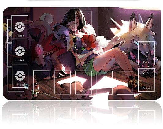 Card game mat with animated characters and a pen on a white background