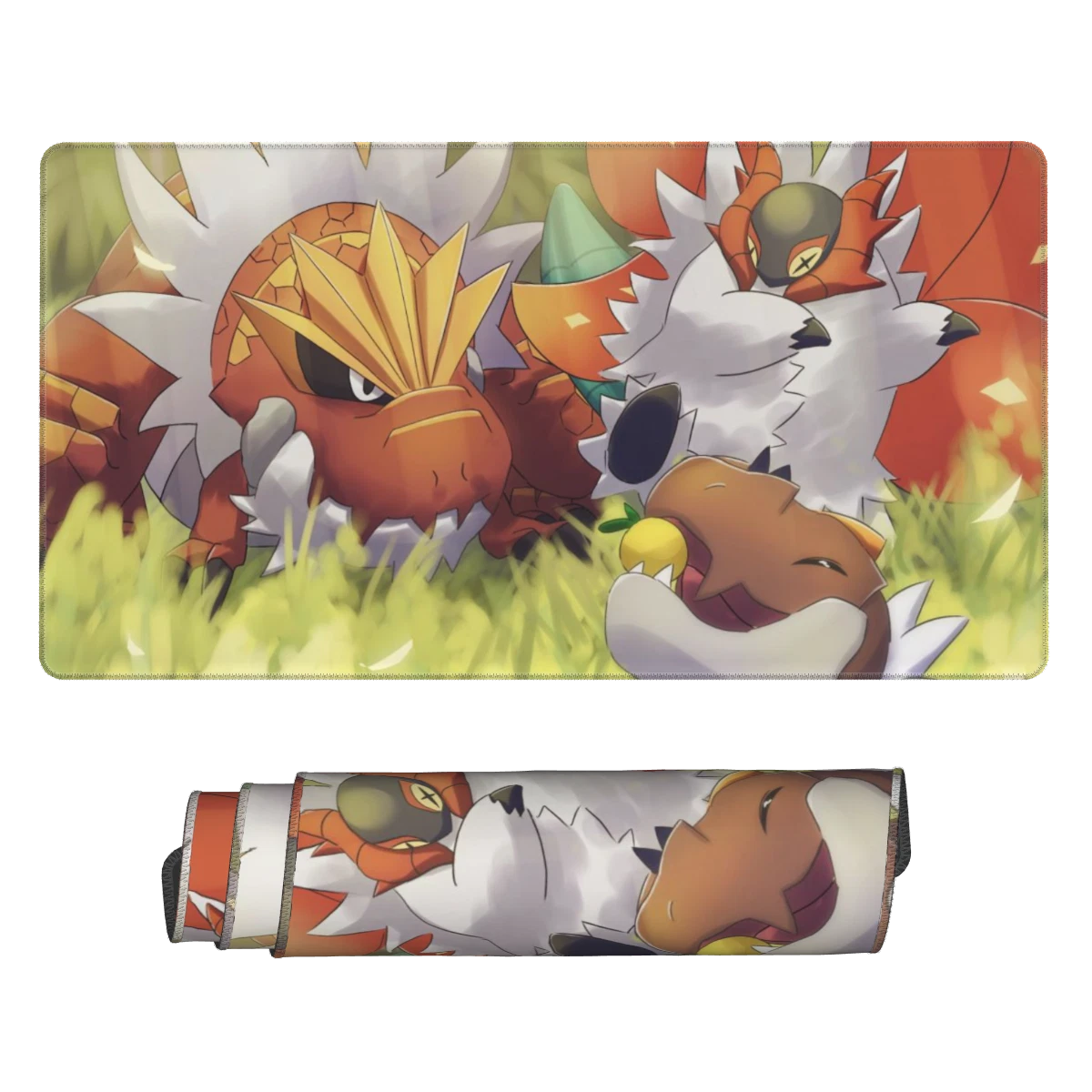 A rectangular desk mat with rounded corners featuring an anime illustration of three Pokémon characters in a grassy scene, shown above a matching rolled-up cylindrical sleeve with the same print on a plain white background.