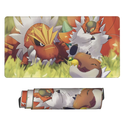 A rectangular desk mat with rounded corners featuring an anime illustration of three Pokémon characters in a grassy scene, shown above a matching rolled-up cylindrical sleeve with the same print on a plain white background.