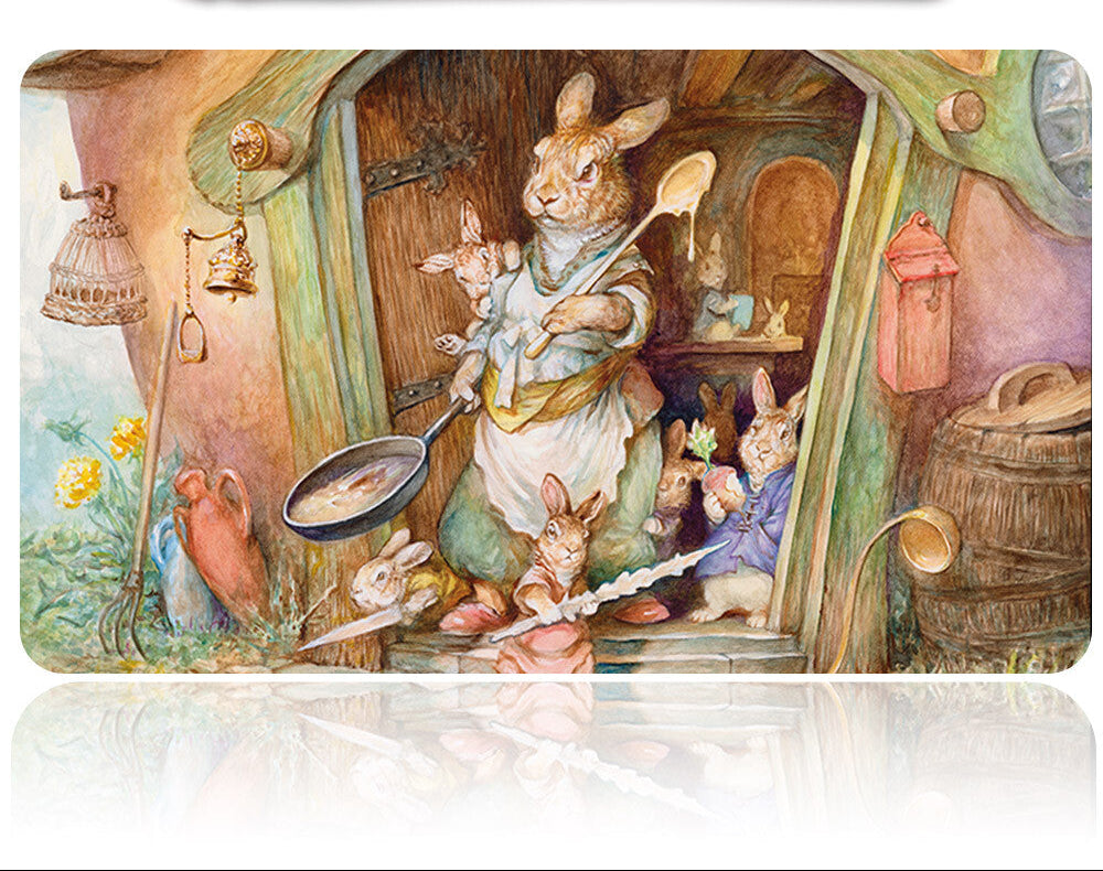 Illustration of a rabbit family in a cottage with kitchen utensils, featuring a knife handle on a white background.