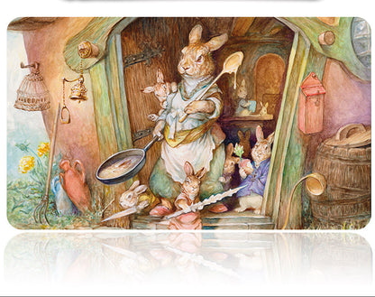 Illustration of a rabbit family in a cottage with kitchen utensils, featuring a knife handle on a white background.