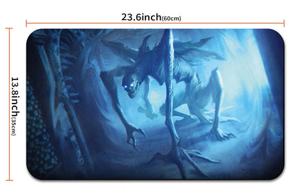Mouse pad with dinosaur design and measurements, accompanied by a carrying case.