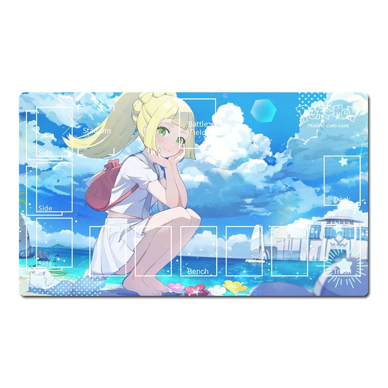 A rectangular gaming playmat featuring an anime illustration of a blonde girl crouching by the sea under a blue sky with clouds. The playmat includes printed game area labels such as Starfield, Side, Bench, and Battle Field, plus decorative coastal graphics and a small logo in the top right.