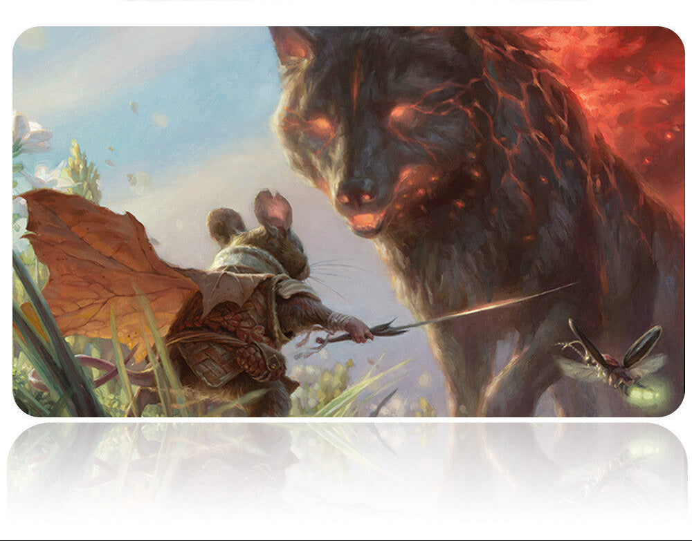 Mouse pad with fantasy design of a warrior and panther, with a pen holder on top.