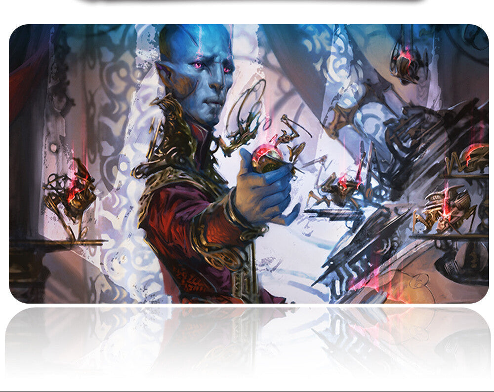 Character with blue skin and red eyes holding a glowing object, with a futuristic weapon above.
