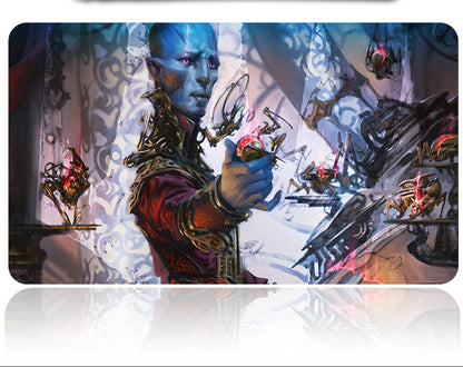 Character with blue skin and red eyes holding a glowing object, with a futuristic weapon above.