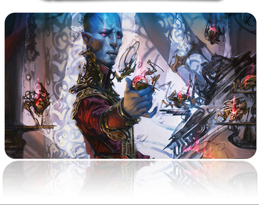 Character with blue skin and red eyes holding a glowing object, with a futuristic weapon above.