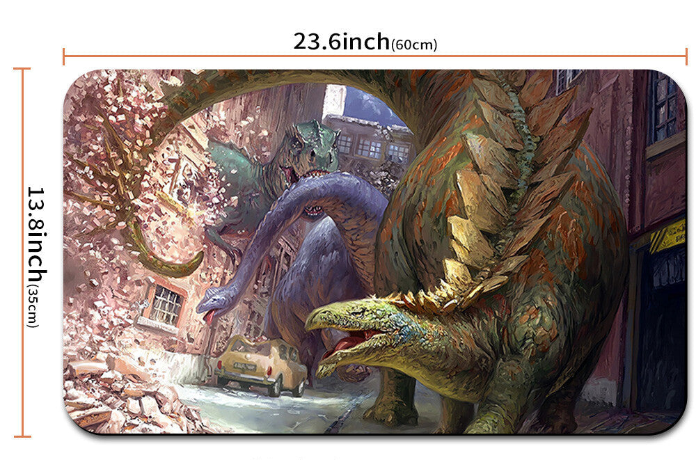 Illustration of a dragon in an urban setting with dimensions displayed