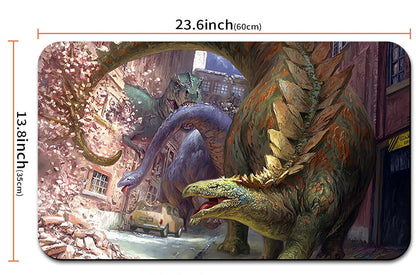 Illustration of a dragon in an urban setting with dimensions displayed