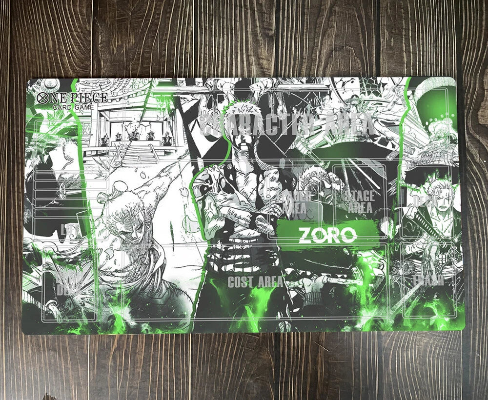 Comic-style mat with character illustrations on a wooden surface