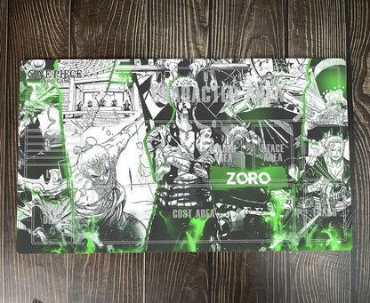 Comic-style mat with character illustrations on a wooden surface