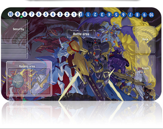 Card game mat with character design and card holders on a white background