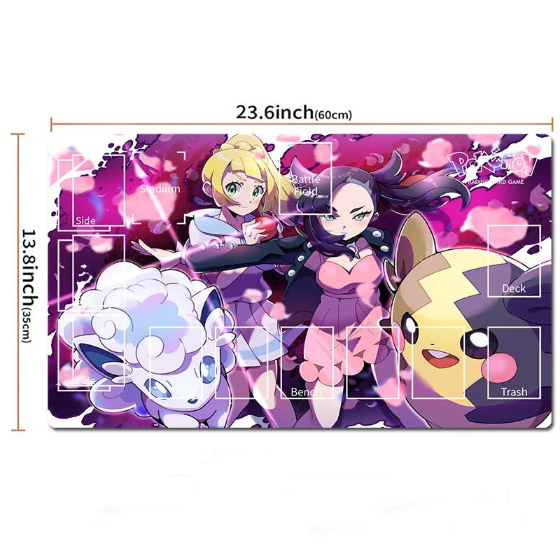 A rectangular printed desk mat or playmat featuring anime characters and Pokémon, shown on a white background with dimension lines and text indicating 23.6 inches by 13.