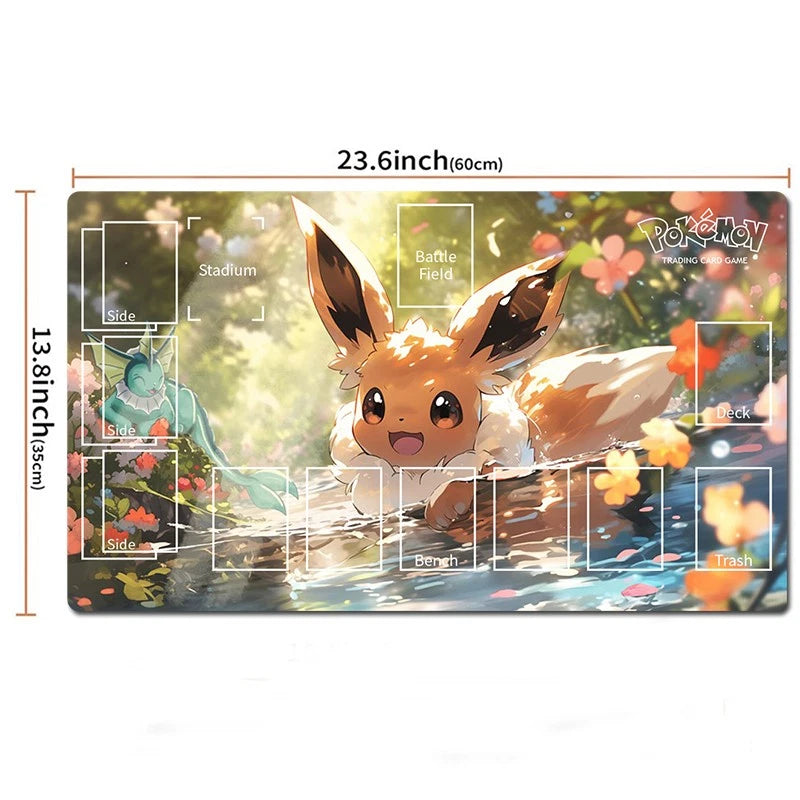 A rectangular Pokémon playmat with printed artwork of Eevee in a sunlit outdoor scene, overlaid with white game-zone markings and dimension labels showing 23.6 inches by 13.