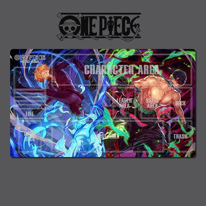 A rectangular gaming playmat featuring One Piece character artwork, shown on a dark gray background with the One Piece logo above it. The playmat has colorful anime illustrations including blue energy effects, a shirtless character, and labeled zones such as Character Area, Leadpit Area, Stage Area, Back, and Trash.