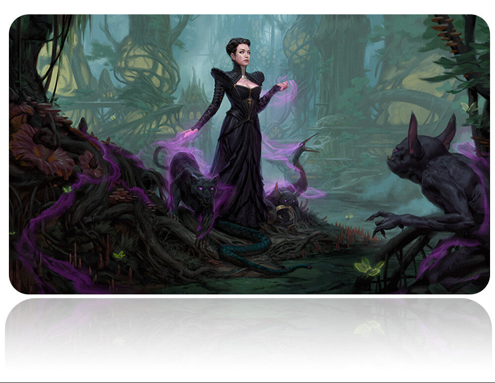 Futuristic sword with a fantasy-themed pouch featuring a woman and creature in a mystical forest setting.